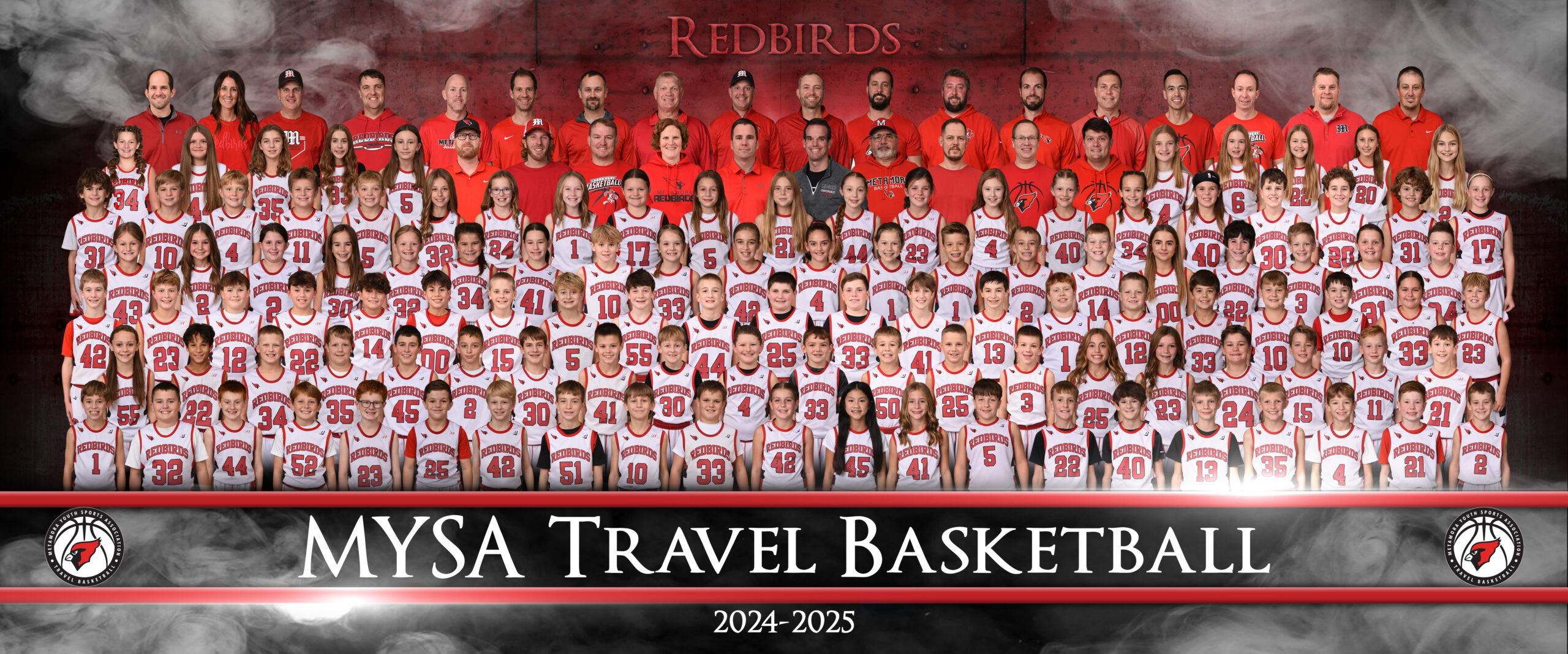 A composite image of all the players and coaches of MYSA travel basketball